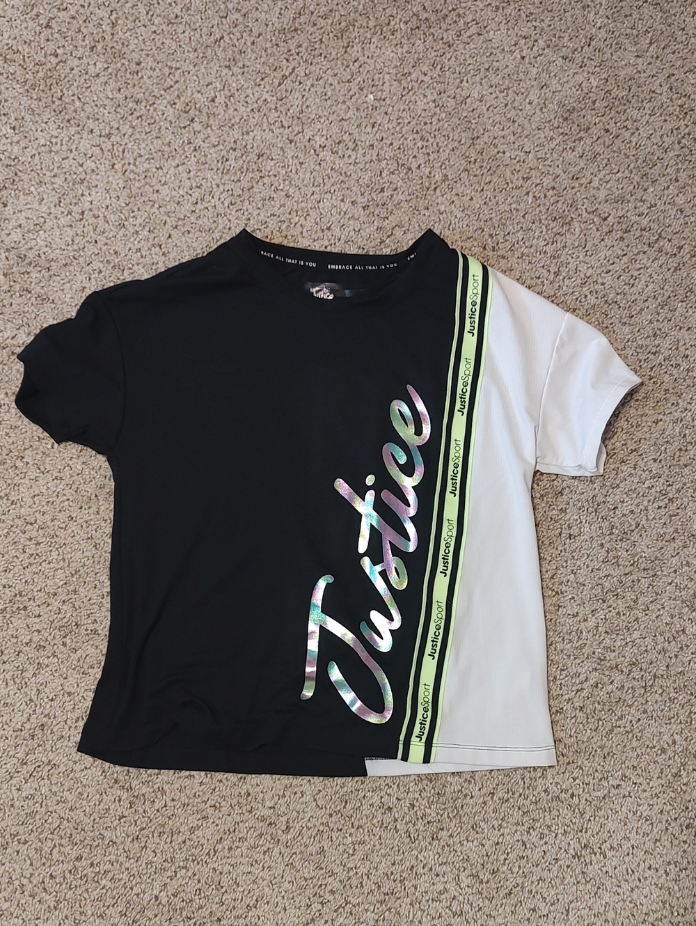 Justice Black & White Colorblock Tee with Neon Lime Accent